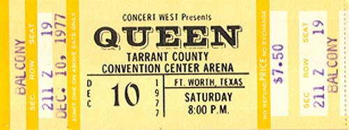 Queen Full Unused Ticket 12-10-77 Tarrant County Convention Center - Ft. Worth, TX