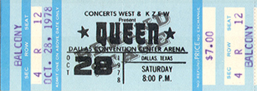 Queen Full Unused Ticket 10-28-78 Dallas Convention Center - Dallas, TX