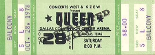 Queen Full Unused Ticket 10-28-78 Dallas Convention Center - Dallas, TX