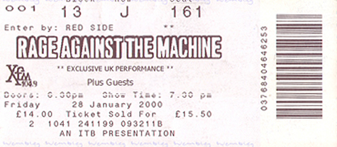 Rage Against The Machine Ticket Stub 01-28-00 - UK