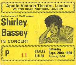 Shirley Bassey Ticket Stub 09-20-80 Apollo Victoria Theatre - London, UK