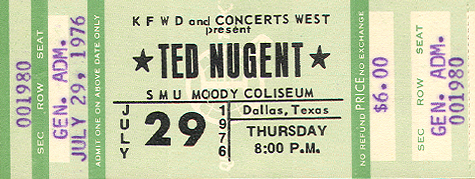 Ted Nugent Full Unused Ticket 07-29-76 Moody Coliseum - Dallas, TX