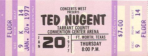 Ted Nugent Full Unused Ticket 01-20-77 Tarrant County Convention Center - Ft. Worth, TX