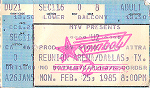 U2 Ticket Stub 02-25-85 Reunion Arena - Dallas, TX