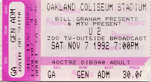 U2 11-02-92 Oakland Colesium Stadium - Oakland, CA