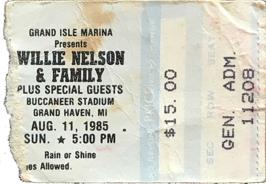 Willie Nelson - 08-11-85 Buccaneer Stadium - Grand Haven, MI Ticket Stub
