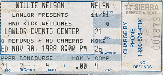 Willie Nelson - 11-30-88 Lawlor Events Center Ticket Stub