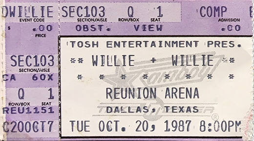 Willie Nelson - 10-20-87 Reunion Arena - Dallas, TX Ticket Stub
